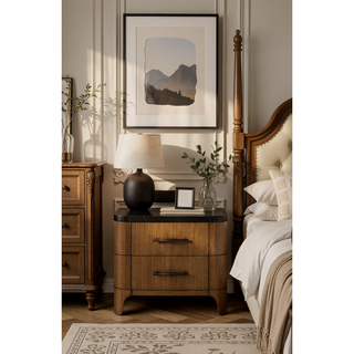 Sunvega Eucalyptus Veneer Nightstand with Stone Top and USB Charging Port