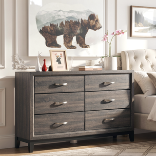 Sunvega Transitional Style Two-Tone Grey Oak 6-Drawer Dresser with Black Grooves