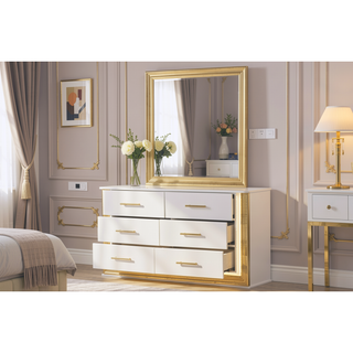 Sunvega Gold Finish Wood Dresser with LED Mirror for Bedroom Decor