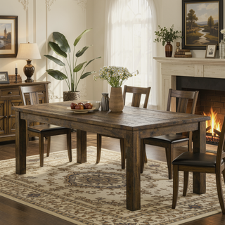 Sunvega Rustic Golden Brown Solid Rubberwood Rectangular Dining Table for Farmhouse