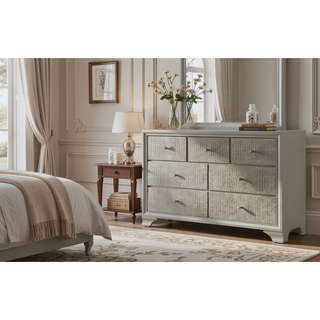 Sunvega Modern Glam Two Drawer Nightstand with Embossed Crocodile Pattern and Champagne Finish