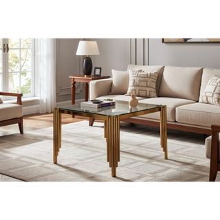 Sunvega Modern Dining Table with Tempered Glass Top and Golden Metal Frame