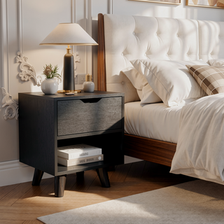 Sunvega Modern Nightstand with Open Shelf and Drawer on Wooden Legs