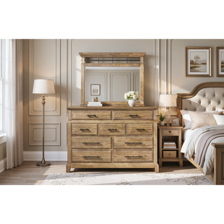 Sunvega Caramel Finish 9-Drawer Dresser with Elm Veneers and Black Metal Pulls