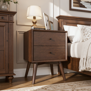 Sunvega Mid-Century Modern Caroline Night Stand 2-Drawer in Dark Brown Solid Wood