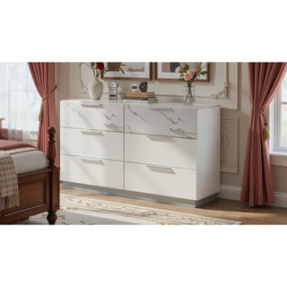 Sunvega White Lacquer Dresser with Six Smooth-Glide Drawers and Marble Accents