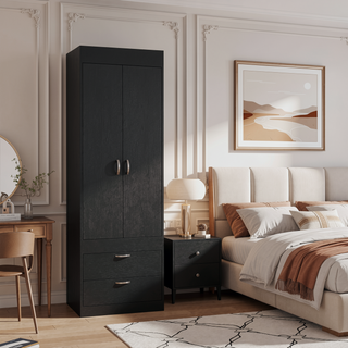 Sunvega Black 70H" Double Door Cabinet with Two Drawers and Metal Handles
