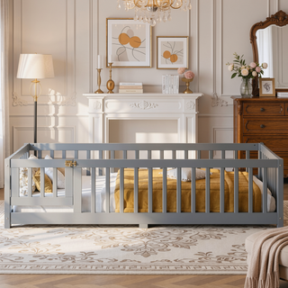 Sunvega Twin Size Floor Bed with Safety Guardrails and Door for Kids in Natural
