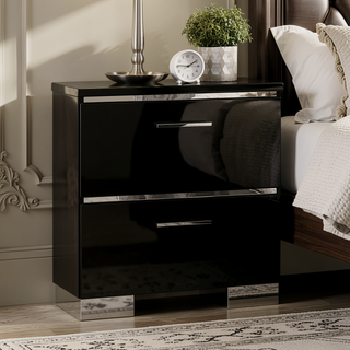 Sunvega Contemporary White High Gloss Lacquer Nightstand with Chrome Handles and USB Charger