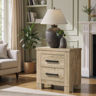 Sunvega Weathered Oak Two-Drawer Nightstand with Dark Bronze Handles
