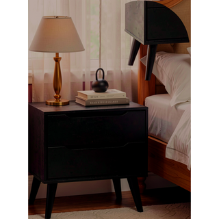 Sunvega Mid-Century Modern Black Solid Wood Nightstand with 2 Drawers and Round Tapered Legs