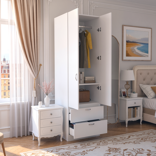 Sunvega Modern White Wardrobe with Hanging Rod, 2 Drawers and Storage Shelf