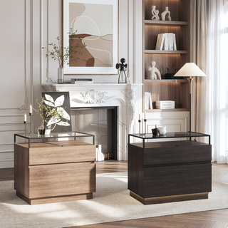 Sunvega LED Nightstand with Drawers, Glass Top and Wooden Surface for Bedroom