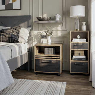 Sunvega Contemporary Light Oak and Black Nightstand with Caster Wheels