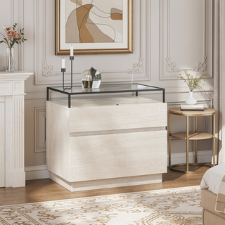 Sunvega Modern Industrial Nightstand with LED Lights and Two Drawers for Bedroom