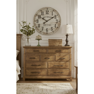 Sunvega Caramel Finish 9-Drawer Dresser with Elm Veneers and Black Metal Pulls