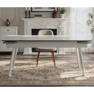 Sunvega Extendable White Sintered Stone Dining Table with Stainless Steel Legs for Modern Minimalist Homes