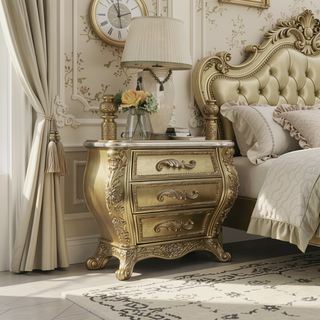 Sunvega Gold 3-Drawer Nightstand with Felt-Lined Interior and Safety Stop Mechanism
