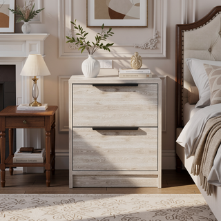 Sunvega Light Gray Two Drawer Nightstand with Metal Handle for Bedroom