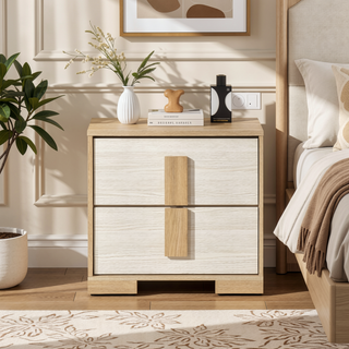 Sunvega 2-Drawer Nightstand with Natural and White Finish for Bedroom Storage