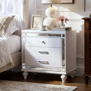 Sunvega Contemporary White High Gloss Lacquer Nightstand with Chrome Handles and USB Charger