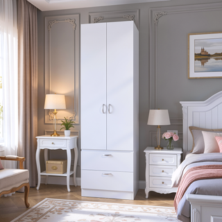 Sunvega Tall Mayer Wardrobe with Two Doors and Two Drawers in Melamine