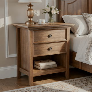 Sunvega Rustic Natural Aged Brown Solid Wood Bedside Table with Two Spacious Drawers