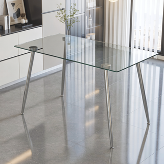 Sunvega Modern Rectangular Glass Dining Table with Tempered Tabletop and Silver Metal Legs