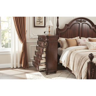 Sunvega Antique Walnut Nightstand with 2 Drawers and Unique Carving Design