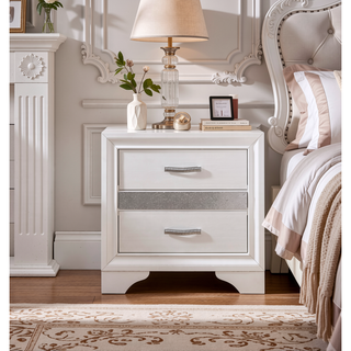 Sunvega White and Silver Glitter Nightstand with Hidden Felt-Lined Jewelry Drawer