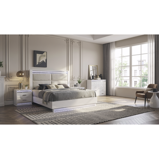 Sunvega Glam Modern White Wood Nightstand with LED Lights and Velvet Lined Drawer
