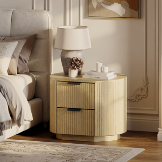 Sunvega Modern Natural Oak Nightstand with Two Drawers and Ribbed Texture