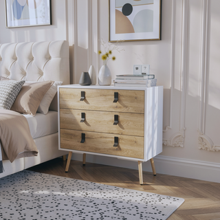 Sunvega White and Macadamia 3-Drawer Dresser with Contemporary Metal Handles and Wooden Legs