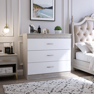 Sunvega Melia Three Drawer Dresser with Metal Hardware in Light Gray and White