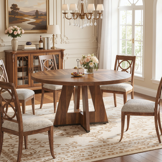 Sunvega 47 Inch Round Wood Dining Table with Walnut Finish for 4-6 Seating