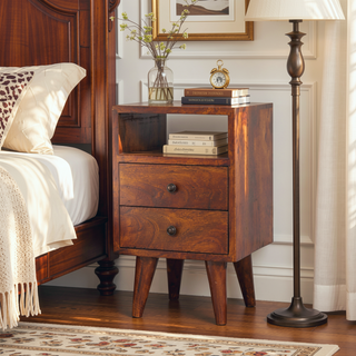 Sunvega Solid Wood Mini Classic Chestnut Bedside Table with 2 Drawers