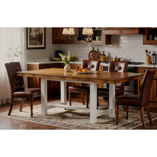 Sunvega Rustic White Oak Dining Table with Extendable Leaf Block Trestle Base