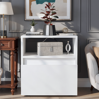 Sunvega Modern White Nightstand with Drawer and Casters for Bedroom Living Room
