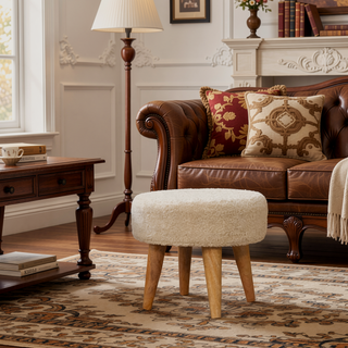 Sunvega Solid Mango Wood Legs with Cream Boucle Upholstered Petite Footstool