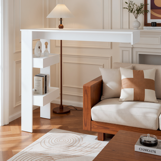 Sunvega White Bar Table with Three Open Side Shelves for Convenient Storage