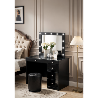 Sunvega Black Contemporary Upholstered Vanity Stool with Button Tufted Seat