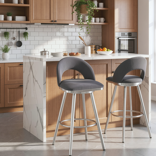 Sunvega 30 Inch Swivel Bar Stool with Gray Faux Leather and Brushed Stainless Steel