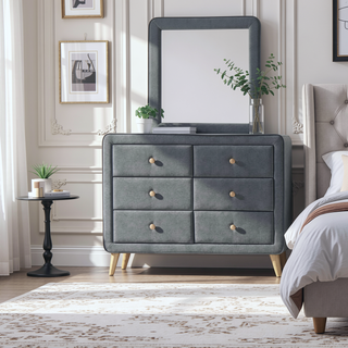 Sunvega Light Gray Fabric Dresser with Six Drawers and Natural Wood Accents