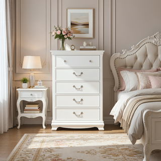 Sunvega White Wood Nightstand with Dovetail Drawers and Polished Nickel Knobs