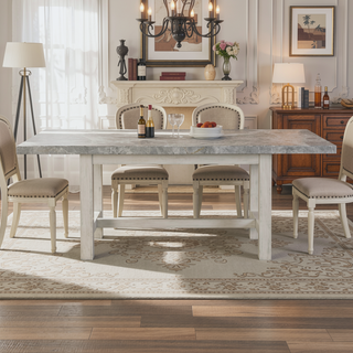 Sunvega Gray Marble Top Dining Table with White Finish and Cross Stretchers