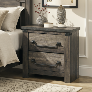 Sunvega Rustic Gray Farmhouse Nightstand with Antique Brass Drop Handles and 2 Drawers