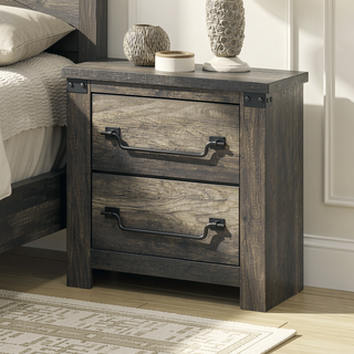 Sunvega Rustic Gray Farmhouse Nightstand with Antique Brass Drop Handles and 2 Drawers