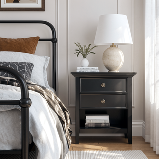 Sunvega Black Solid Wood Nightstand with Two Drawers for Bedroom