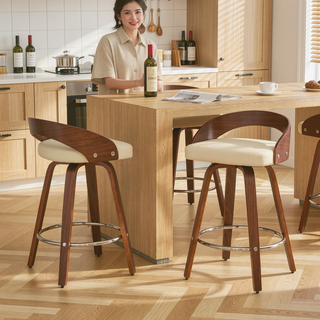 Sunvega Mid-Century Modern Swivel Bar Stools with Soft Cushion Seat and Walnut Finish
