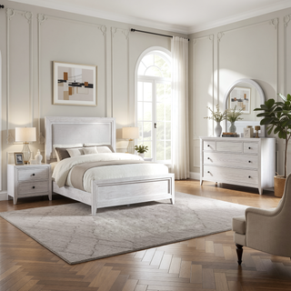 Sunvega Distressed White Nightstand with Two Roomy Drawers and Stepped Design